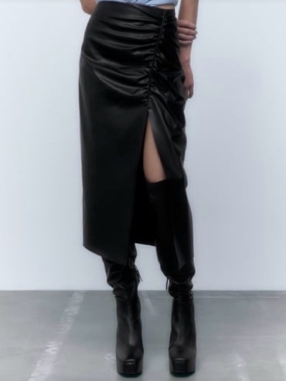 ZARA Black Faux Leather Ruched Midi Skirt